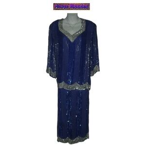Vintage 80's Royal Feelings Blue Silk Sequin Beaded Outfit Art Deco 20's Gatsby